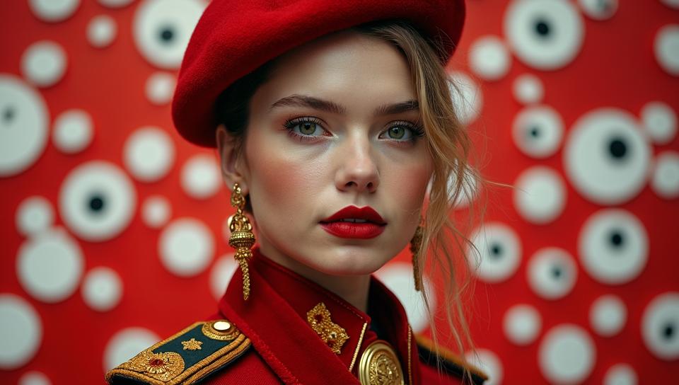 art by Yayoi Kusama and Vivienne Westwood , Fashion photography of a supermodel Brigadier General, she is dressed in Northern fashion outfit, in focus