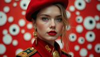 art by Yayoi Kusama and Vivienne Westwood , Fashion photography of a supermodel Brigadier General, she is dressed in Northern fashion outfit, in focus