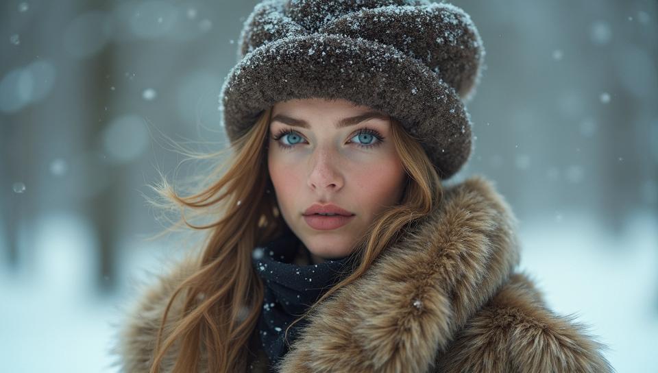 Fashion photography of a supermodel, she is Refined, wearing Fur and Mohair fashion outfit, background