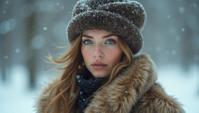 Fashion photography of a supermodel, she is Refined, wearing Fur and Mohair fashion outfit, background