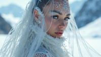 Fashion photography of a Striking supermodel, wearing Synthetic Polymer and Fiber Optic Strands fashion outfit, with white perimeter, Intricate patterns