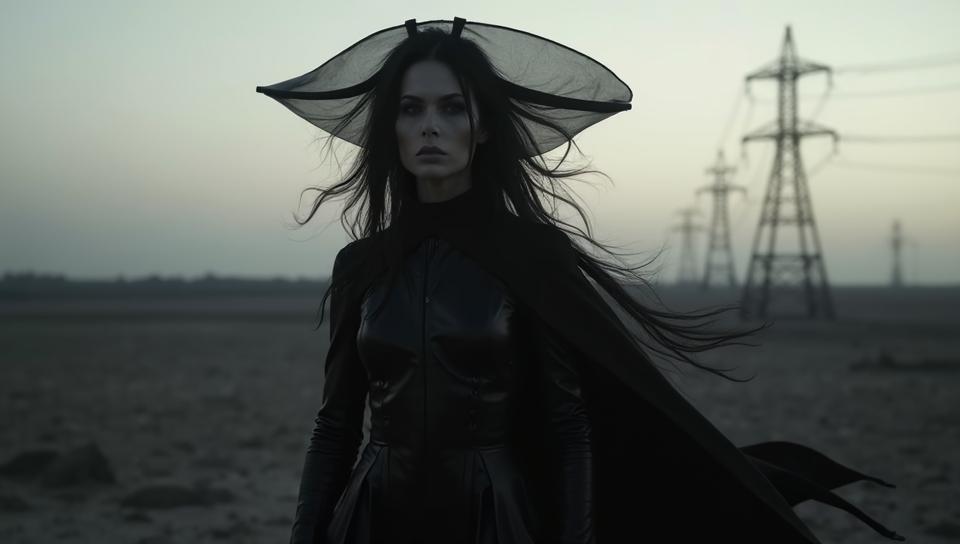 by Paolo Roversi, Fashion photography of a supermodel, wearing Warlock fashion outfit, Solar power station in background