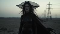 by Paolo Roversi, Fashion photography of a supermodel, wearing Warlock fashion outfit, Solar power station in background