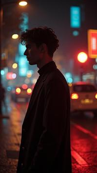 Fashion photography of a supermodel, the Male is Absurd, he is wearing a Tenebrism fashion style fashion outfit, at Nighttime
