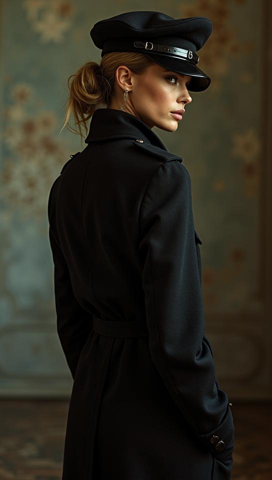 designed by Peter Lindbergh , Fashion photography of y o supermodel, wearing Stunning fashion outfit, wearing military inspired fashion