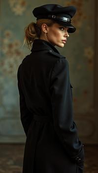 designed by Peter Lindbergh , Fashion photography of y o supermodel, wearing Stunning fashion outfit, wearing military inspired fashion