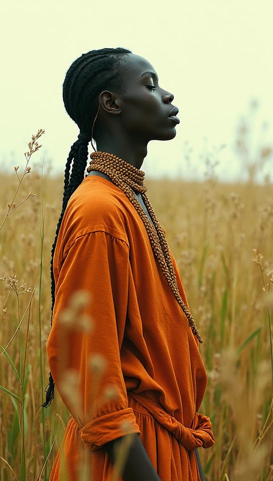 art by Rick Owens , Fashion photography of a supermodel, he is dressed in Burundian fashion outfit, Leaning back