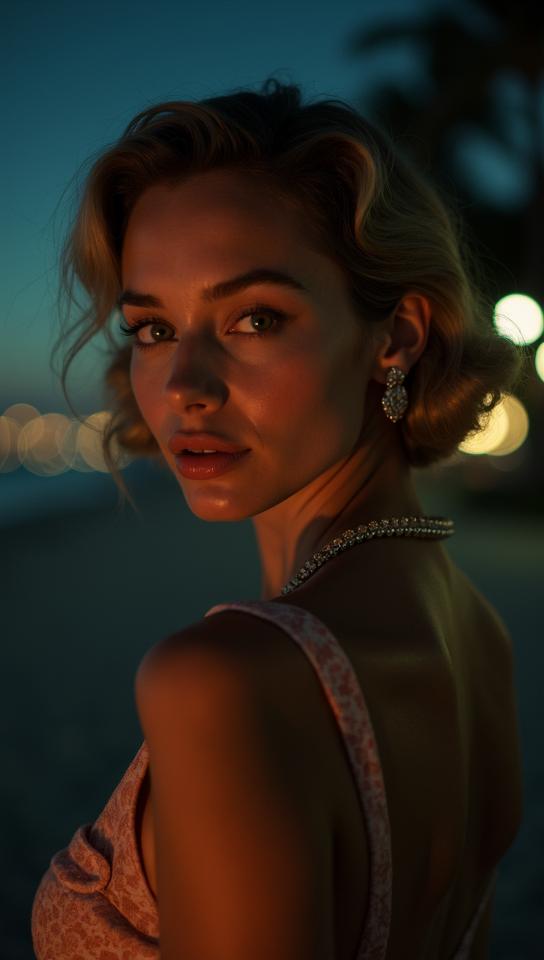 Fashion photography of an elegant, supermodel, wearing S fashion outfit, inside a Anakena Beach