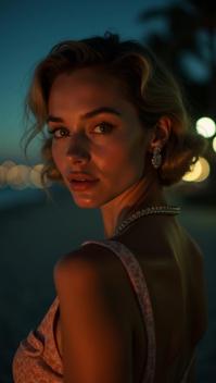 Fashion photography of an elegant, supermodel, wearing S fashion outfit, inside a Anakena Beach