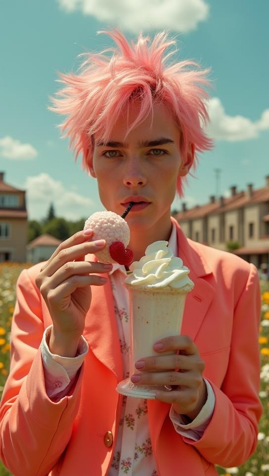 by Tyler Shields and Bob Ringwood, Fashion photography of a surreal, supermodel eating ice cream float,