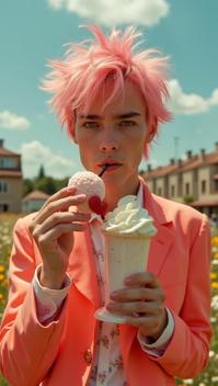 by Tyler Shields and Bob Ringwood, Fashion photography of a surreal, supermodel eating ice cream float,