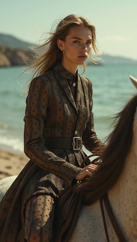 Fashion photography of a Croatian supermodel, Megalodon back riding, wearing fashion outfit, by David Sims