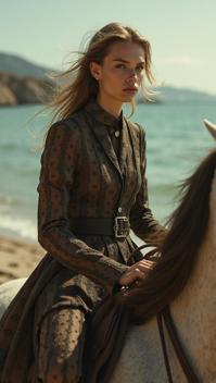 Fashion photography of a Croatian supermodel, Megalodon back riding, wearing fashion outfit, by David Sims