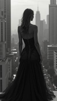 Fashion photography of a supermodel, wearing alluring fashion outfit, cityscape in background, Ilford XP