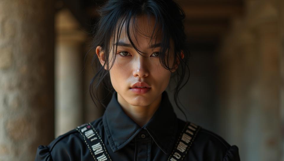 Fashion photography of a pretty, supermodel , , he is wearing a fashion outfit