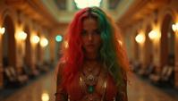 Fashion photography of a Peruvian supermodel , wearing fashion outfit, his hair is Colored, amulet of the Sisterhood
