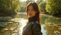 designed by Nick Knight, Fashion photography of a supermodel, wearing Tech fashion outfit, Original pond in background