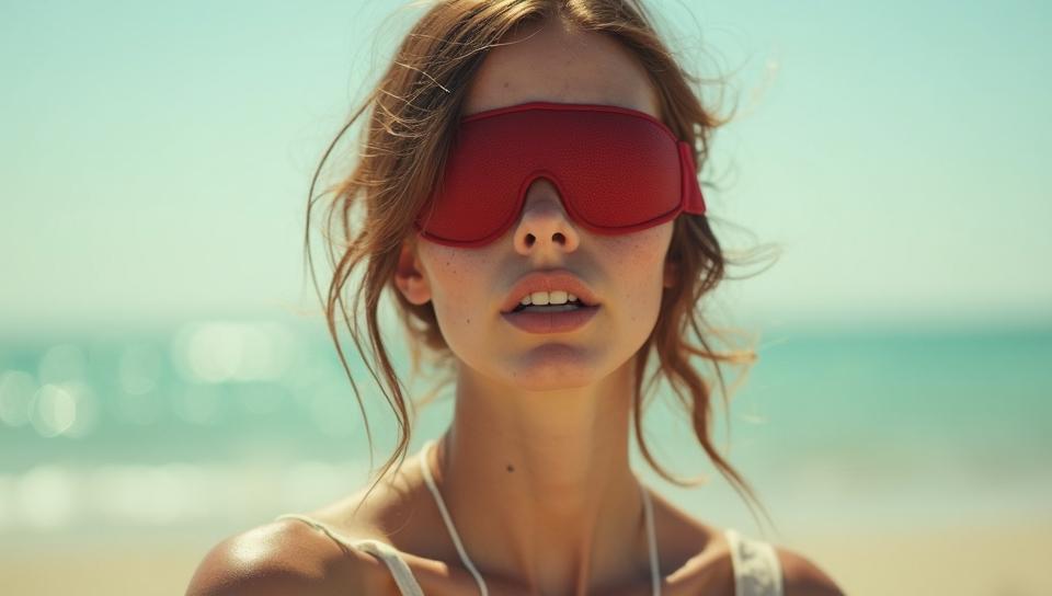Fashion photography of a beach, Gruesome supermodel , wearing summer fashion outfit, Blindfold