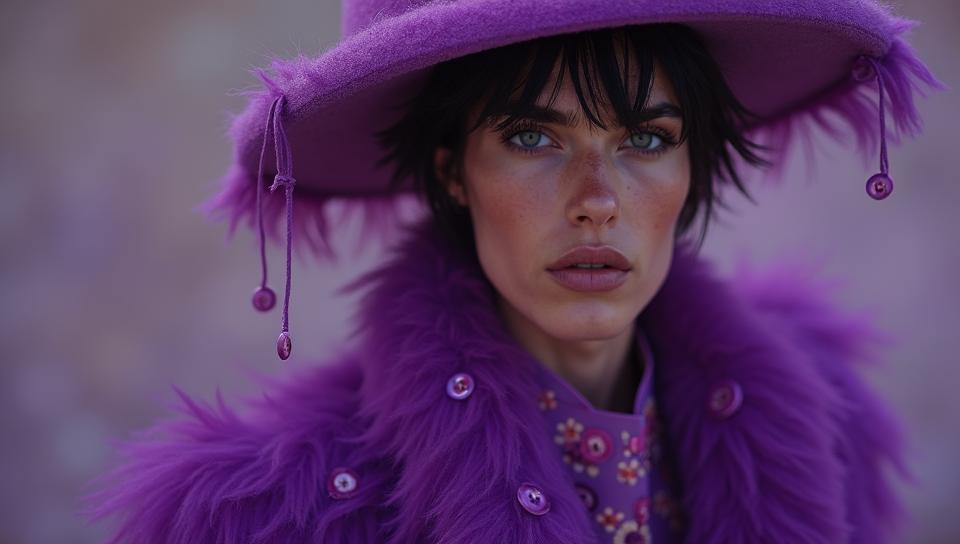 Fashion photography of a Emotionally Charged supermodel , he is dressed in his fashion outfit, his fashion outfit is electric purple, It has Ditsy trimmings on it