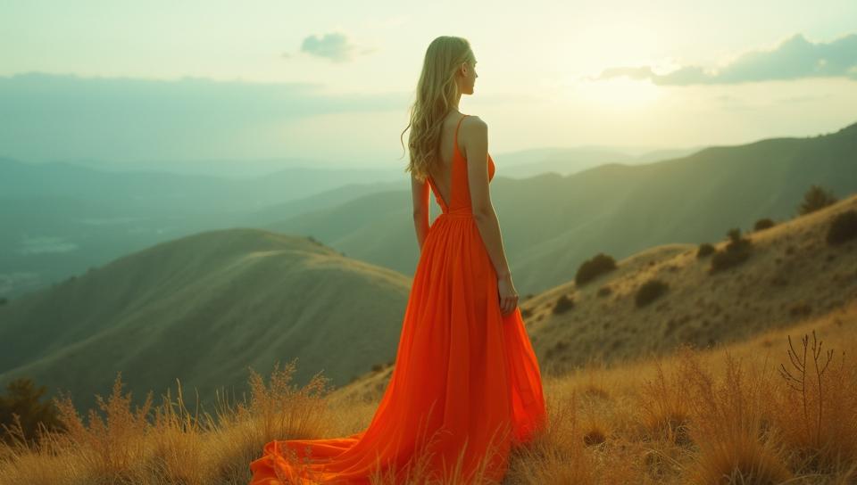 Fashion photography of an elegant, supermodel , wearing fashion outfit, hillside