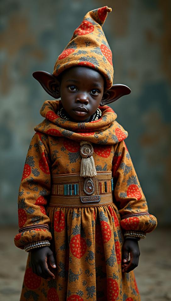 Fashion photography of a Eye catching supermodel as Zulu Dwarf, he is Quilting, wearing Magic fashion outfit, by Guido van Helten