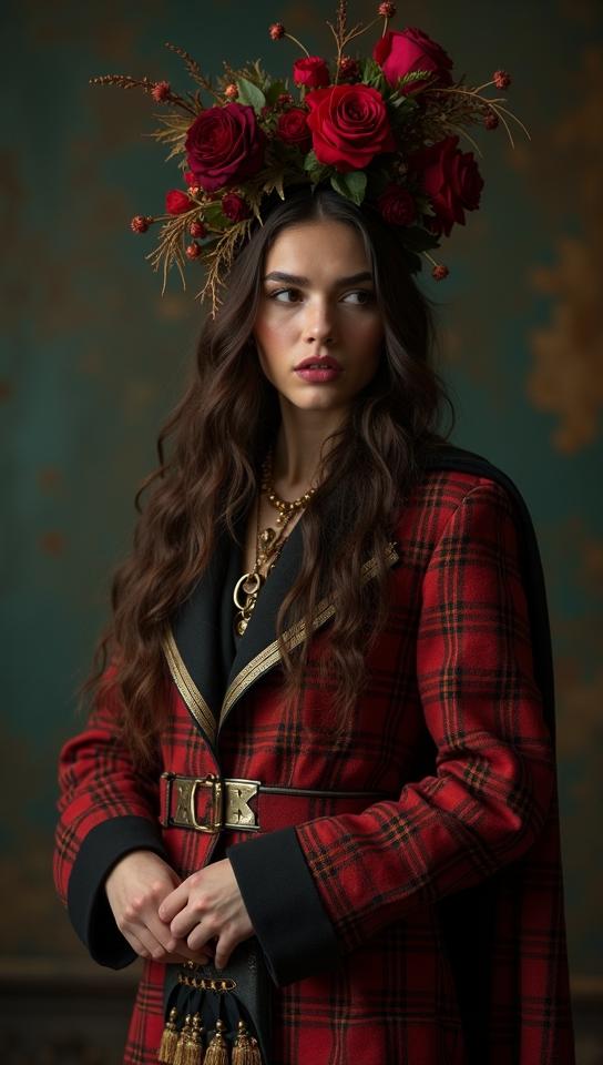 Fashion photography of a Hateful Canadian supermodel, wearing Bagpiper fashion outfit, Relaxed, Sony A