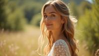 Fashion photography of a supermodel, Smiling and Cute, wearing Tatting Lace and Brocade fashion outfit, Walking away from camera