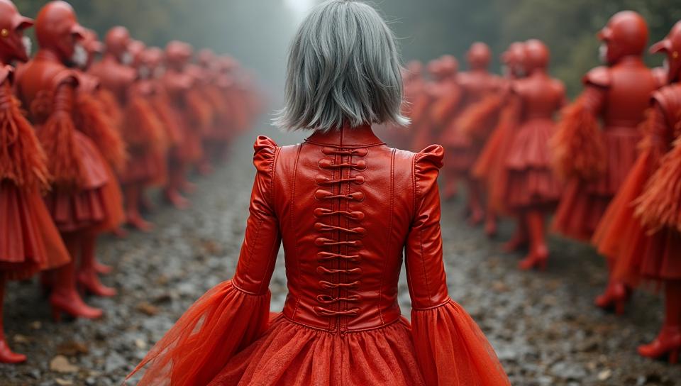 by Vivienne Westwood, Fashion photography of a supermodel, wearing Lobster style fashion outfit, Walking away from camera