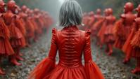 by Vivienne Westwood, Fashion photography of a supermodel, wearing Lobster style fashion outfit, Walking away from camera