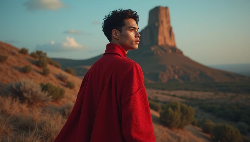Fashion photography of a supermodel, he is wearing a fashion outfit, The Chimney Rock in background, stylized by Norman Parkinson