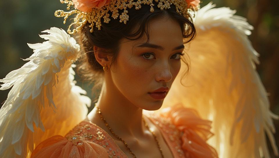 Fashion photography of a Burlesque supermodel, Angelic, wearing Authentic fashion outfit, Fujicolor Fujichrome Velvia
