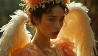 Fashion photography of a Burlesque supermodel, Angelic, wearing Authentic fashion outfit, Fujicolor Fujichrome Velvia