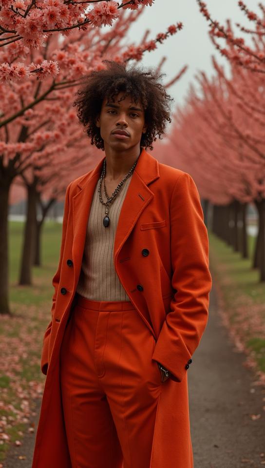 Fashion photography of a Fashion forward, supermodel, he is wearing a fashion outfit, near blossoms