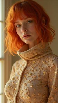 Fashion photography of a Reiwa Era supermodel of Bliss , wearing fashion outfit, her fashion outfit has lots of tiny details, she has Ginger hair styled as Layered cut