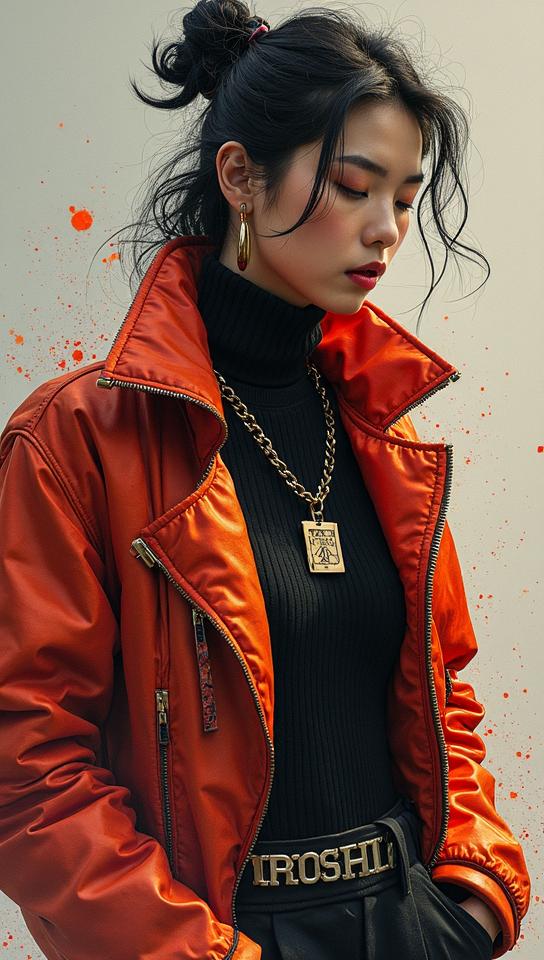 Fashion photography of a supermodel , wearing fashion outfit, his fashion outfit has a zipper, Bokeh