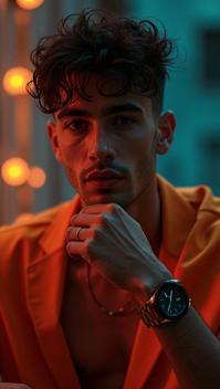 Fashion photography of a supermodel , the Guy is Radiant, he is wearing a Process Art fashion style fashion outfit, High fashion Smartwatch