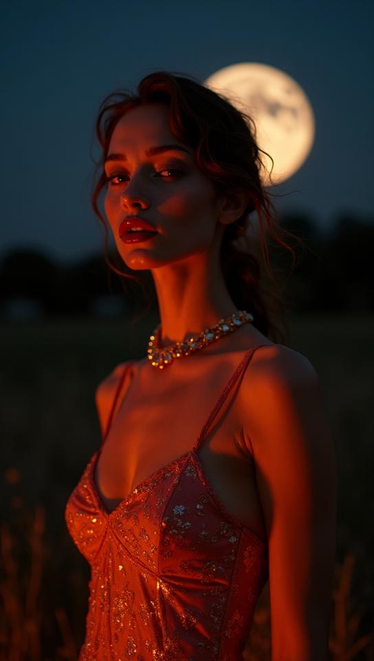 Fashion photography of a supermodel, wearing Supersized Amber fashion outfit, Lipstick, Moon in the night