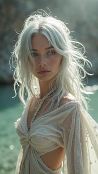 stylized by Rick Owens, Fashion photography of an ethereal supermodel, wearing fashion outfit, Silver hairstyle