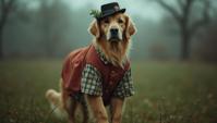 stylized by Nell Dorr, Fashion photography of a Golden Retriever , it is Awful, it is dressed in Ragtime fashion outfit
