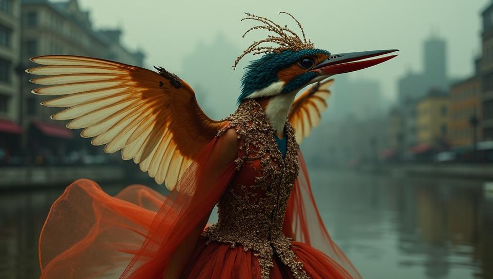 designed by Sally Mann, Fashion photography of a Hateful Kingfisher, wearing fashion outfit, Hopeful