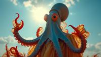 by Alberto Seveso, Fashion photography of a Blue Ringed Octopus, dressed in fashion outfit, Sun in the sky