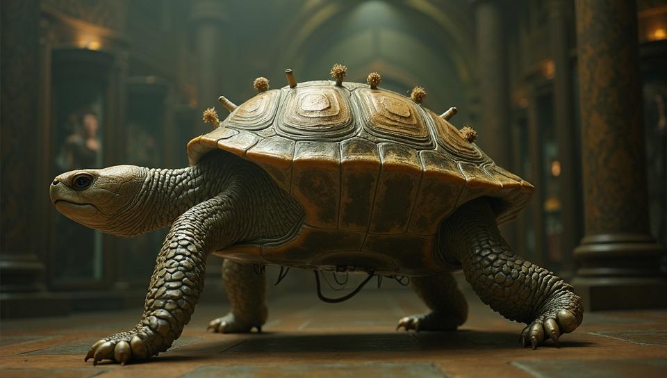 by Jeremy Geddes and Helen Levitt, Fashion photography of a Graceful Turtle Enchanter, it is dressed in Arts and Crafts Movement fashion style fashion outfit, inside an indoors