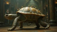 by Jeremy Geddes and Helen Levitt, Fashion photography of a Graceful Turtle Enchanter, it is dressed in Arts and Crafts Movement fashion style fashion outfit, inside an indoors