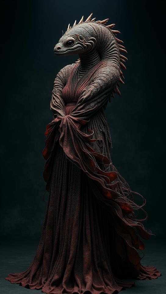 Fashion photography of a Stonefish Eel , elegant, wearing fashion outfit, Nihonga