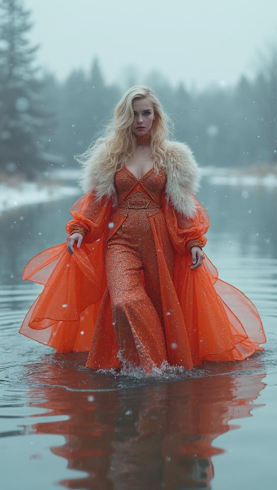 Fashion photography of a Magnificent Crab , wearing fashion outfit, lake, Winter