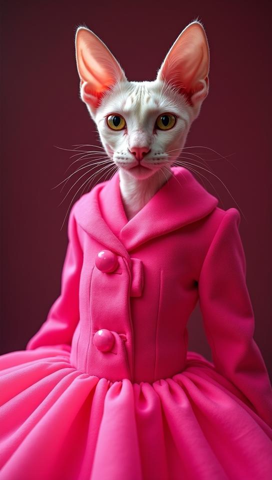 Fashion photography of a Cornish Rex Cat Japanese Bobtail Cat , it is dressed in a fashion outfit, It is electric pink, Lustful