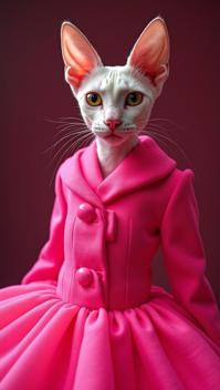 Fashion photography of a Cornish Rex Cat Japanese Bobtail Cat , it is dressed in a fashion outfit, It is electric pink, Lustful