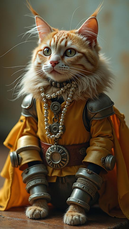 Fashion photography of an adorable Norwegian Forest Cat with Robotic parts, wearing exquisite fashion outfit, Kodak Ektar , Depth of field mm