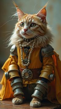 Fashion photography of an adorable Norwegian Forest Cat with Robotic parts, wearing exquisite fashion outfit, Kodak Ektar , Depth of field mm