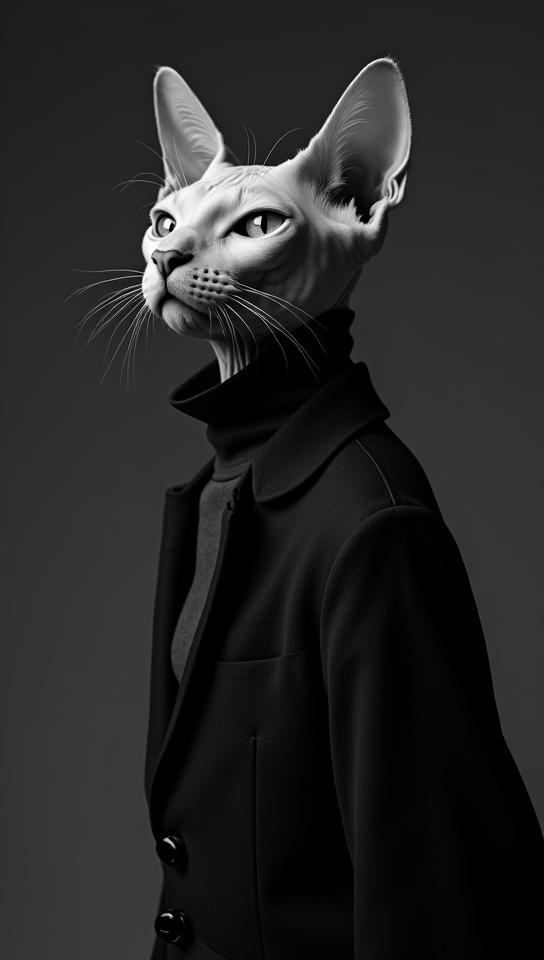 by Inna Mosina and David Yarrow , Fashion photography of a Sphynx Cat , Rule of Thirds, wearing Mage fashion outfit